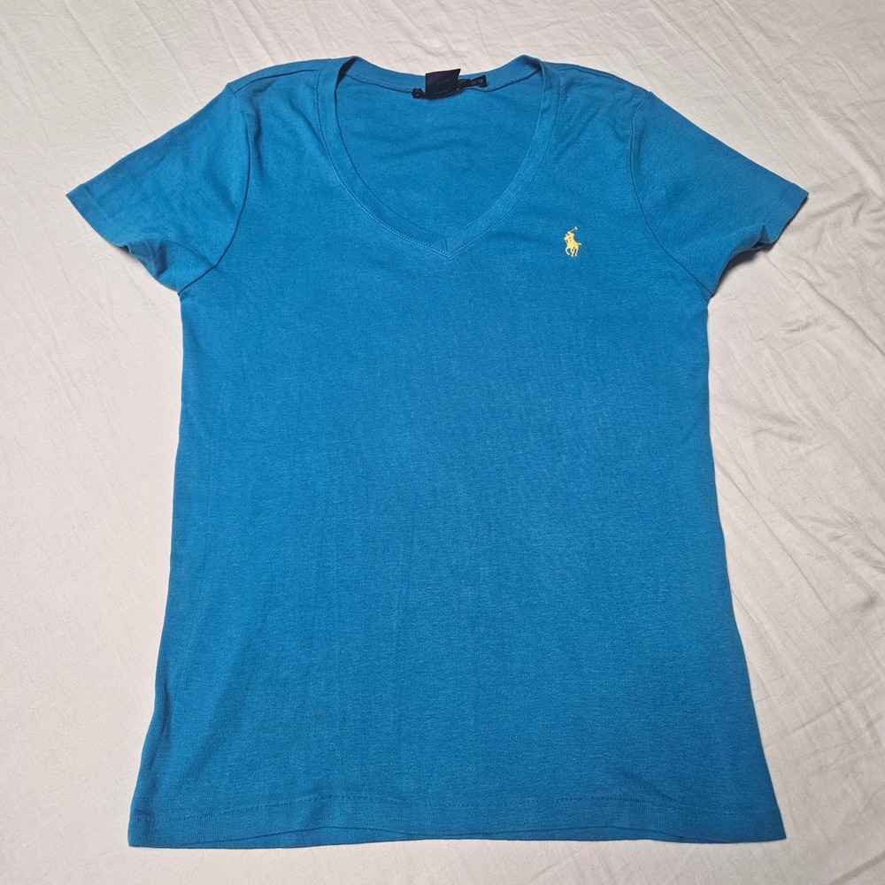 Ralph Lauren Sport T-Shirt Womens XL Blue V-Neck Short Sleeve Cotton Pony Logo